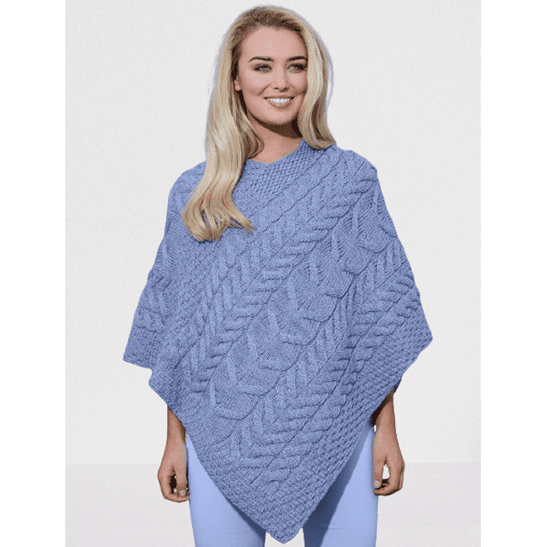 Super Soft Merino Wool Triangular Aran Cable Knit Design Poncho Blue Colour Super Soft Merino Wool Triangular Aran Cable Knit Design Poncho Blue Colour
